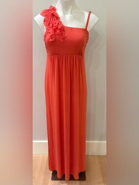 Soma Coral One-Shoulder Maxi Dress with Floral Shoulder Detail